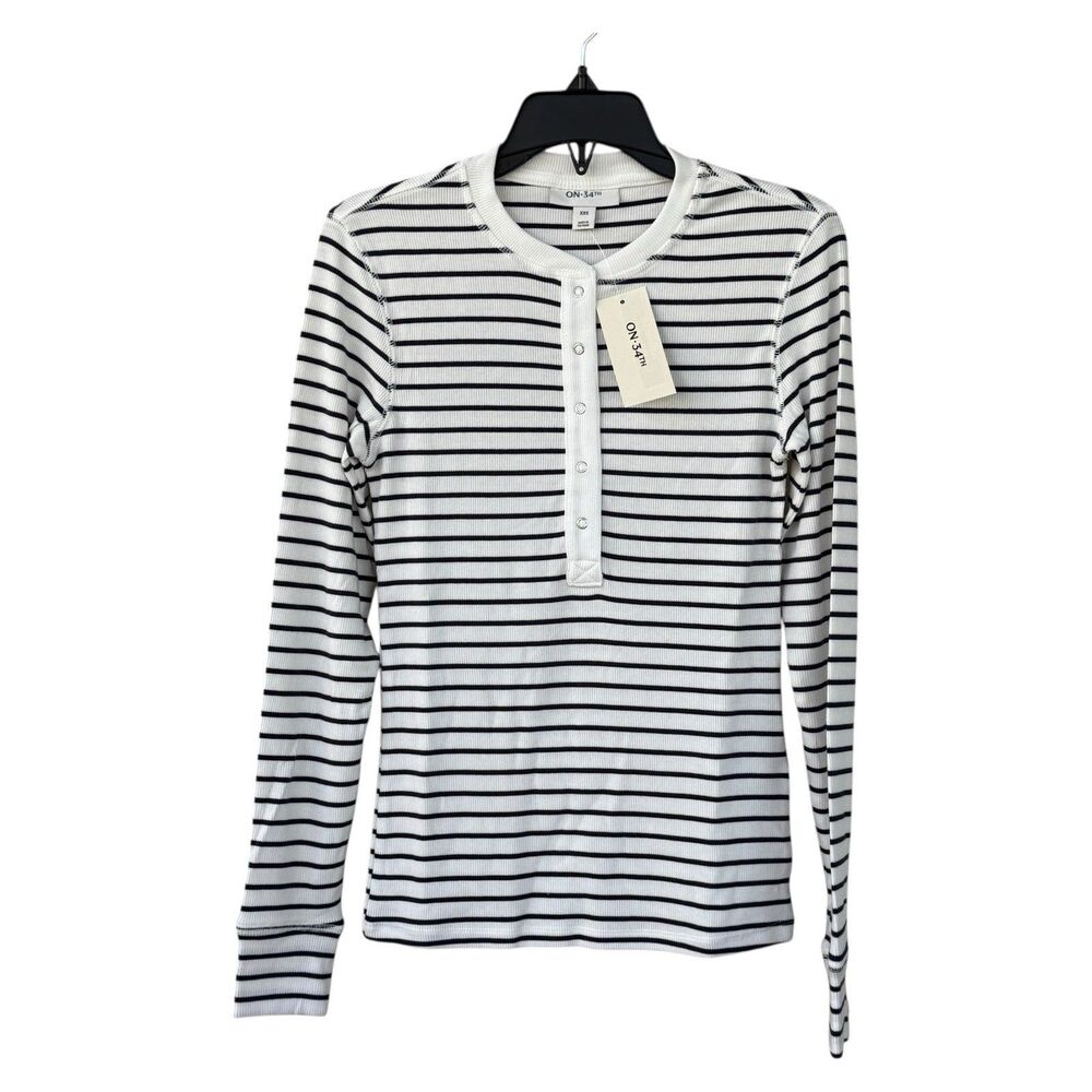 NWT ON 34th Shirt Woman’s White Navy Stripe Henley Long Sleeve Ribbed Top XXS